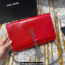 saint laurent Kate chain wallet with tassel in crocodile embossed leather 354119 red/silver