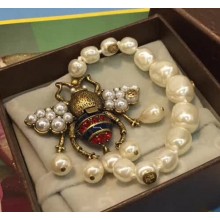 Gucci Bee Bracelet with Crystals and Pearls ‎527129 Aged Gold 2018