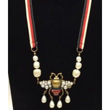 Gucci Bee Necklace with Crystals and Pearls 527133 Aged Gold 2018