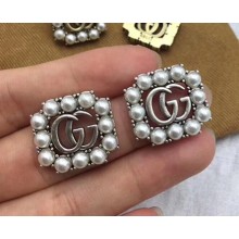 Gucci GG Pearl Square Stud Earrings Silver 2018