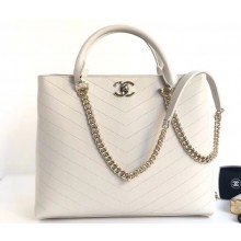 Chanel Calfskin Coco Chevron Large Shopping Tote Bag White A57553 2018