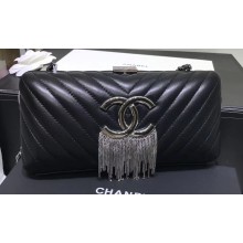Chanel Chevron Lambskin/Chains Metallic Fringe Evening Bag Black 2018