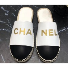 Chanel Gold Logo Espadrilles Mules White/Black 2019