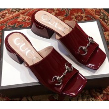 Gucci Patent Leather Horsebit 5cm Mid-Heel Slides 543188 Burgundy 2019