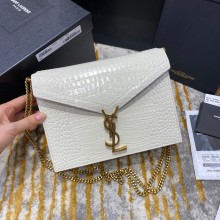 Saint Laurent Cassandra Monogram Clasp Bag in Crocodile Embossed Shiny Leather 532750 White