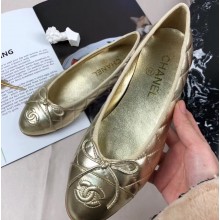 Chanel Leather Classic Bow Ballerinas Flats Quilted Gold