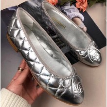Chanel Leather Classic Bow Ballerinas Flats Quilted Silver/Apricot Sole