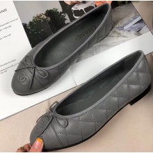 Chanel Leather Classic Bow Ballerinas Flats Quilted Gray
