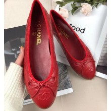 Chanel Leather Classic Bow Ballerinas Flats Quilted Red