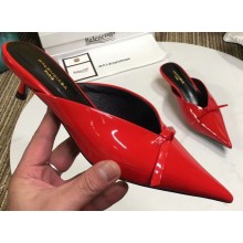 Balenciaga Kitten Heel 4cm Pointed Toe Knife Mules Bow Patent Red