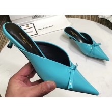 Balenciaga Kitten Heel 4cm Pointed Toe Knife Mules Bow Patent Turquoise