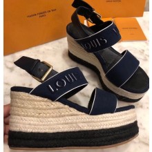 Louis Vuitton Heel 10cm Platform 6cm Harbour Wedge Sandals Canvas Navy Blue 2019