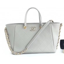 Chanel Quilted Leather CC Logo Shopping Tote Bag Light Gray 2019