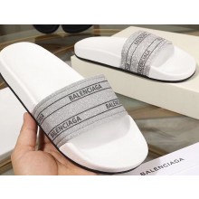 Balenciaga Logo Slides Sandals Glitter White