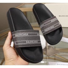 Balenciaga Logo Slides Sandals Glitter Black