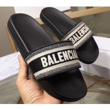 Balenciaga Woven Logo Slides Sandals Black