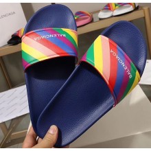 Balenciaga Rainbow Logo Slides Sandals Blue