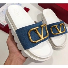 Valentino Heel 6cm Slide Sandals Denim Blue With VLogo Detail 2019