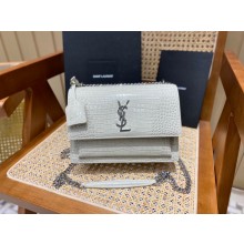 Saint Laurent Medium Sunset Bag in Crocodile Embossed Shiny Leather 442906 White/silver(ORIGINAL QUALITY)