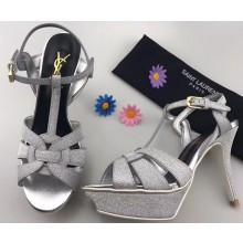 Saint Laurent Tribute Sandals In Glitter Leather Silver