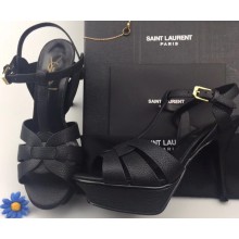 Saint Laurent Heel 9.5cm Platform 3cm Tribute Sandals In Grained Leather Black
