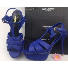Saint Laurent Heel 9.5cm Platform 3cm Tribute Sandals In Grained Leather Blue