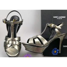 Saint Laurent Tribute Sandals In Patent Crinkled Leather Gun Color