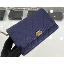 Chanel Grained Leather Boy Wallet On Chain WOC Bag A80287 Navy Blue/Gold