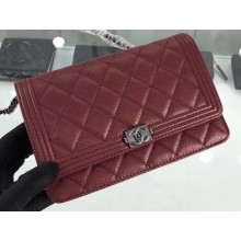Chanel Grained Leather Boy Wallet On Chain WOC Bag A80287 Burgundy/Silver
