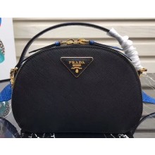 Prada Round Odette Saffiano Leather Bag 1BH123 Black/Blue 2019