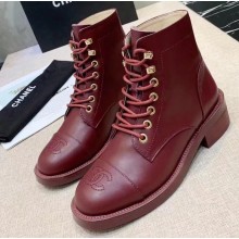 Chanel Calfskin Lace-Ups Ankle Boots Burgundy 2019