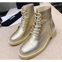 Chanel Calfskin Lace-Ups Ankle Boots Metallic Gold 2019