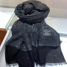 Chanel CC Logo Sequins Fringe Scarf 90x90cm Black/Silver 2019