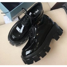 Prada Heel 6cm Patent Leather Derby Lace-ups Shoes Black 2019