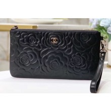 Chanel Classic Pouch Clutch Bag A009 in Camellia Black/Gold