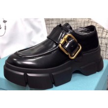 Prada Leather Buckle Derby Shoes Brushed Black 2020