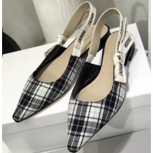Dior Heel 1.5cm J'Adior Slingback Ballet Flats in Tartan Fabric Black/White 2020