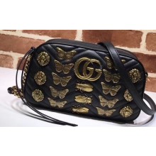 Gucci GG Marmont Small Matelassé Shoulder Camera Bag 447632 Metal Animal Insects Studs Black