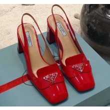 Prada Heel 7cm Patent Leather Triangle Logo Sandals Red 2020
