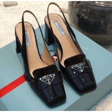 Prada Heel 7cm Patent Leather Triangle Logo Sandals Black 2020