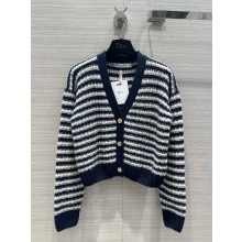 Dior Navy Blue and White Alpaca, Silk and Cashmere Knit Marinière Cardigan 2023