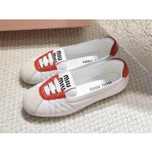 MIU MIU Lace-up Leather Ballet Flat In White/red 2024