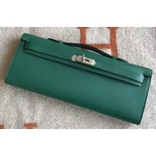 Hermes Kelly Cut Handmade Epsom Leather Clutch Green With Silver Hardware